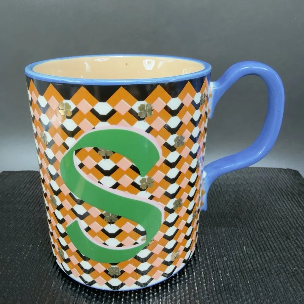 Anthropologie Bistro Tile Ceramic Coffee Mug Cup Monogram Letter S Shamrocks Mug